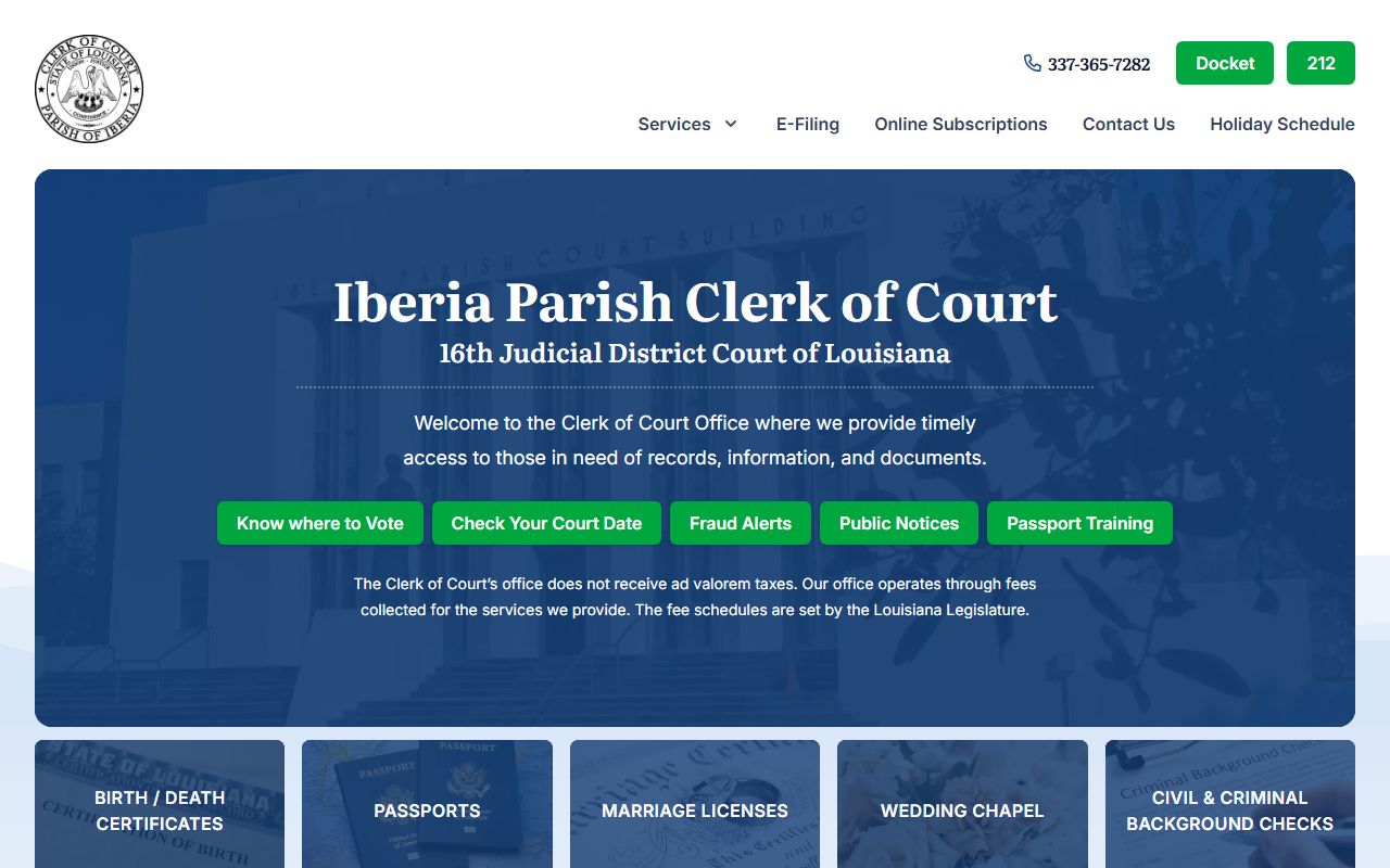Iberia Parish Clerk of Court website for family court records