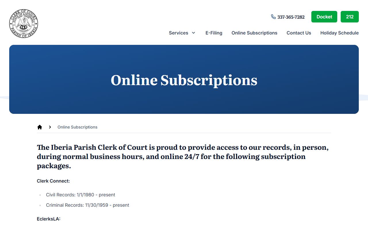 Iberia Parish online subscriptions page for court records access
