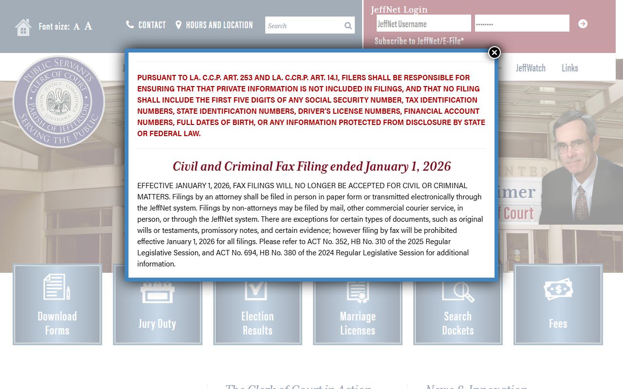 Jefferson Parish Clerk of Court website for family court records