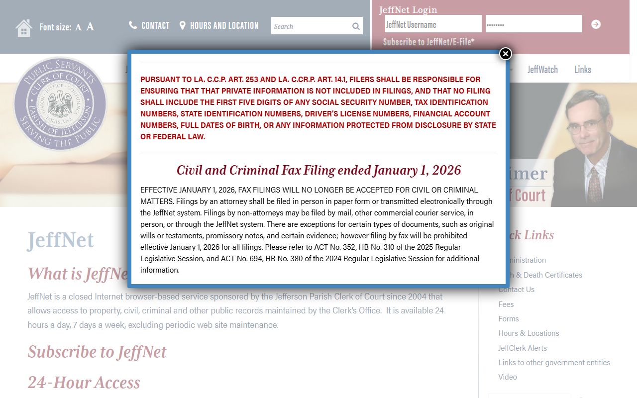 JeffNet online portal for Jefferson Parish family court record search