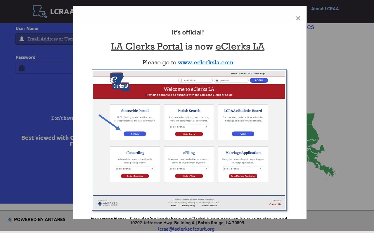 LCRAA portal for accessing Natchitoches Parish family court records online