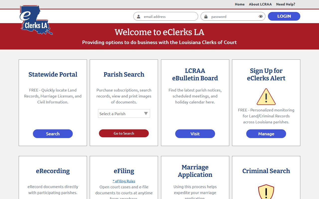 Louisiana eClerks portal showing Terrebonne Parish family court records access