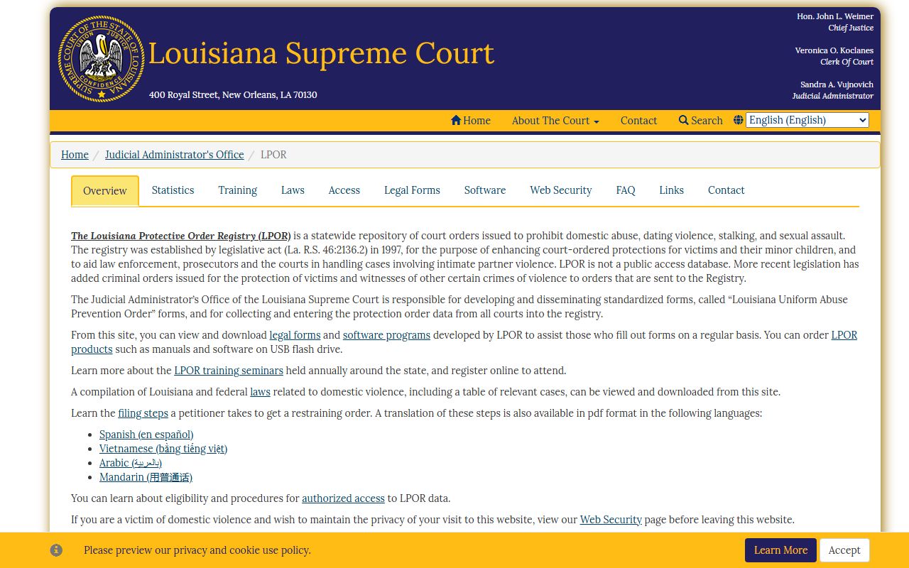 Louisiana Protective Order Registry for family court protective order records